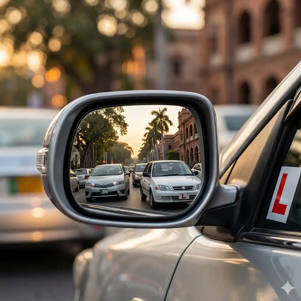 Side mirror view of Lahore traffic during a professional driving lesson