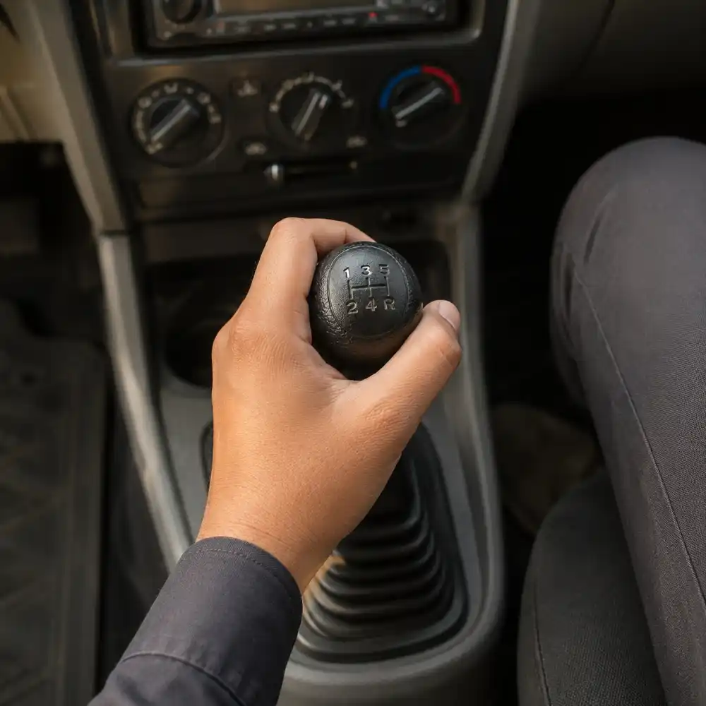 A close-up of a hand gripping a manual gear shift knob inside a car during a driving lesson at Dreamial Driving School, Gulberg, Lahore.
