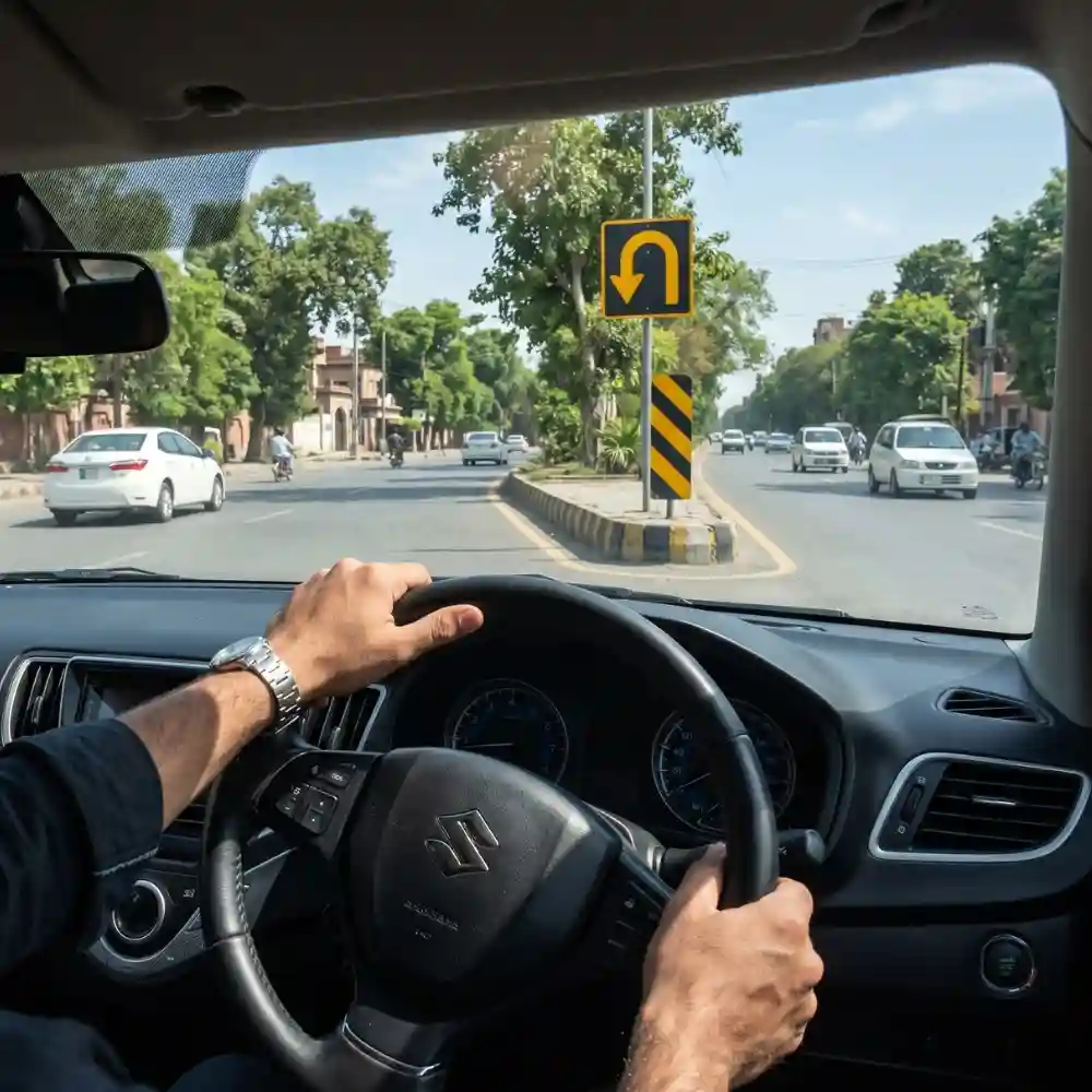 A student's hands on the steering wheel of a Suzuki car during a driving lesson at Dreamial Driving School, with a U-turn sign visible ahead on the road in Johar Town, Lahore.