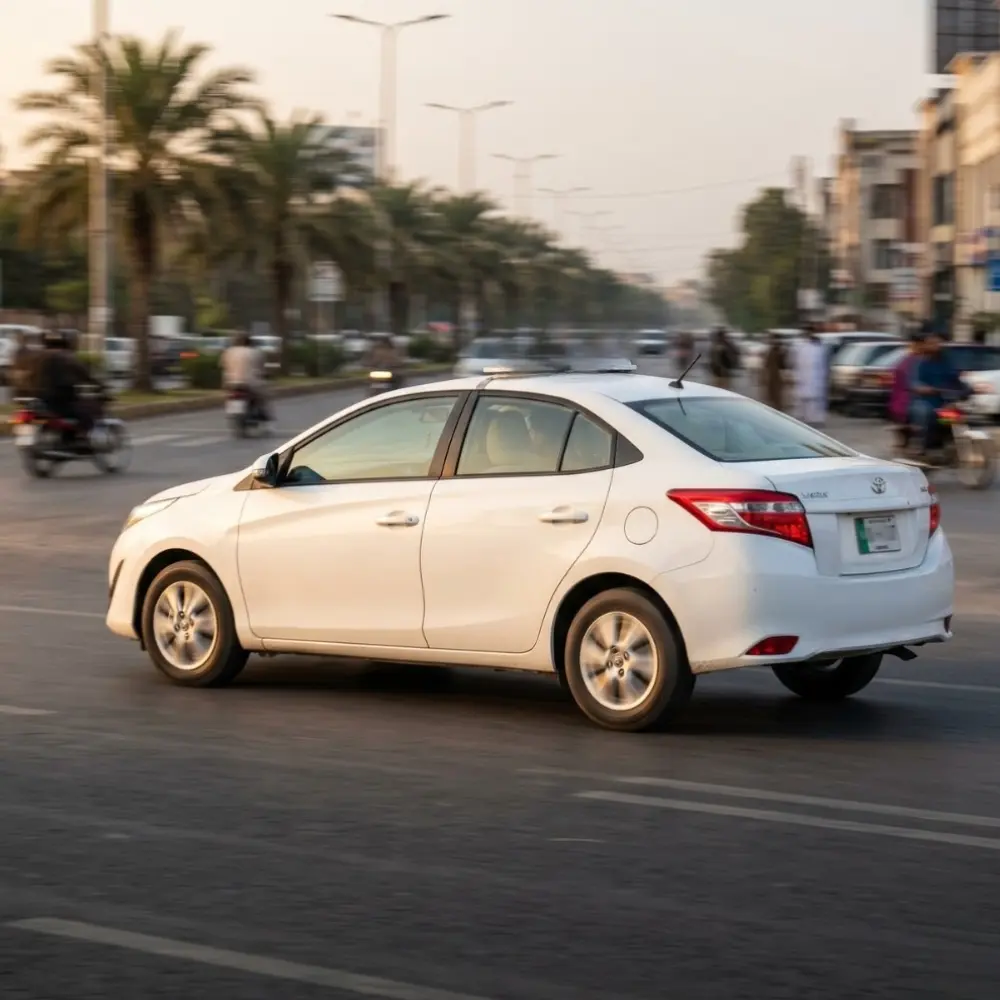 White Toyota Yaris training car from The Dreamial Driving School driving on a Lahore road.